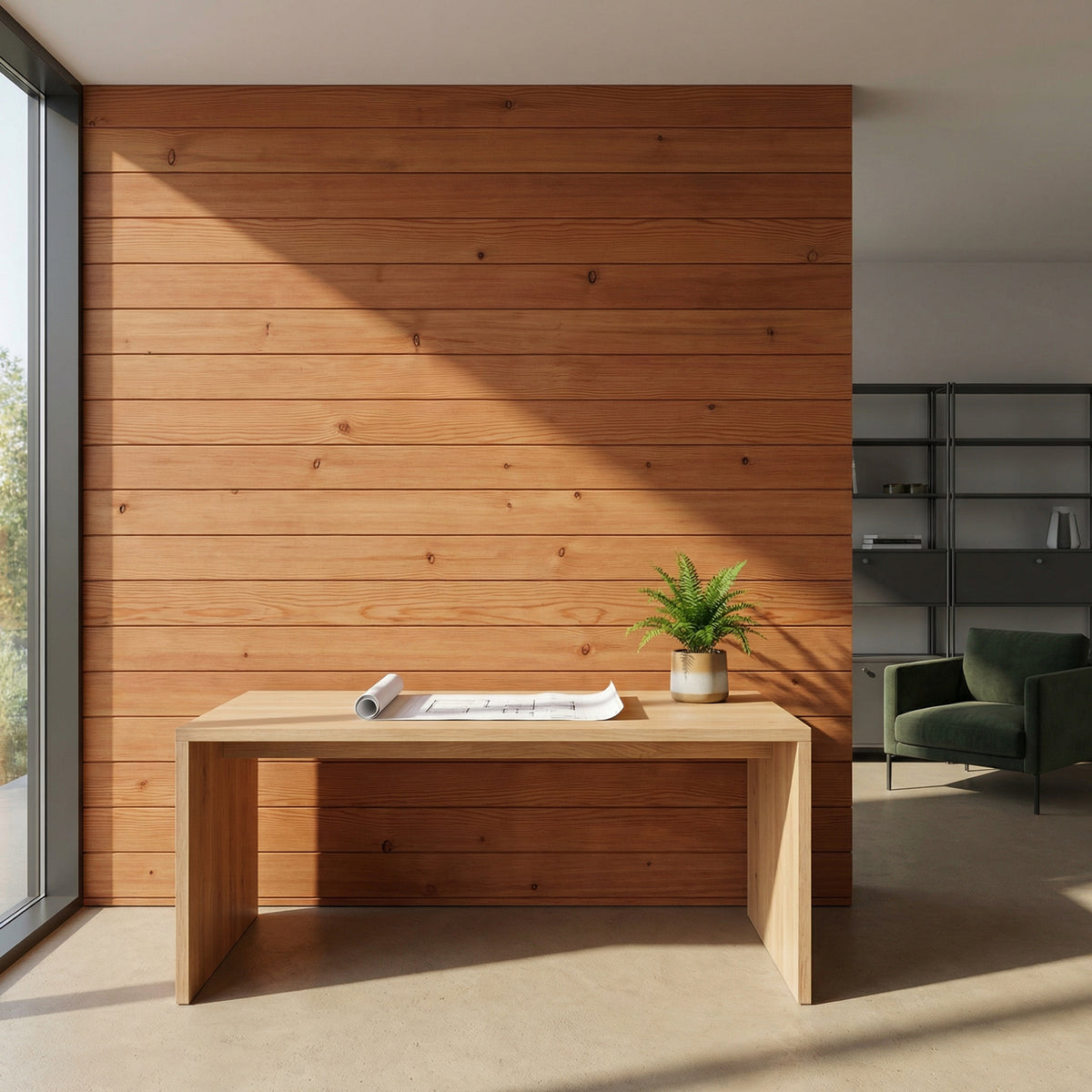 Mur en bardage Douglas massif dans un espace de travail contemporain – revêtement bois naturel haut de gamme pour architectes et décorateurs