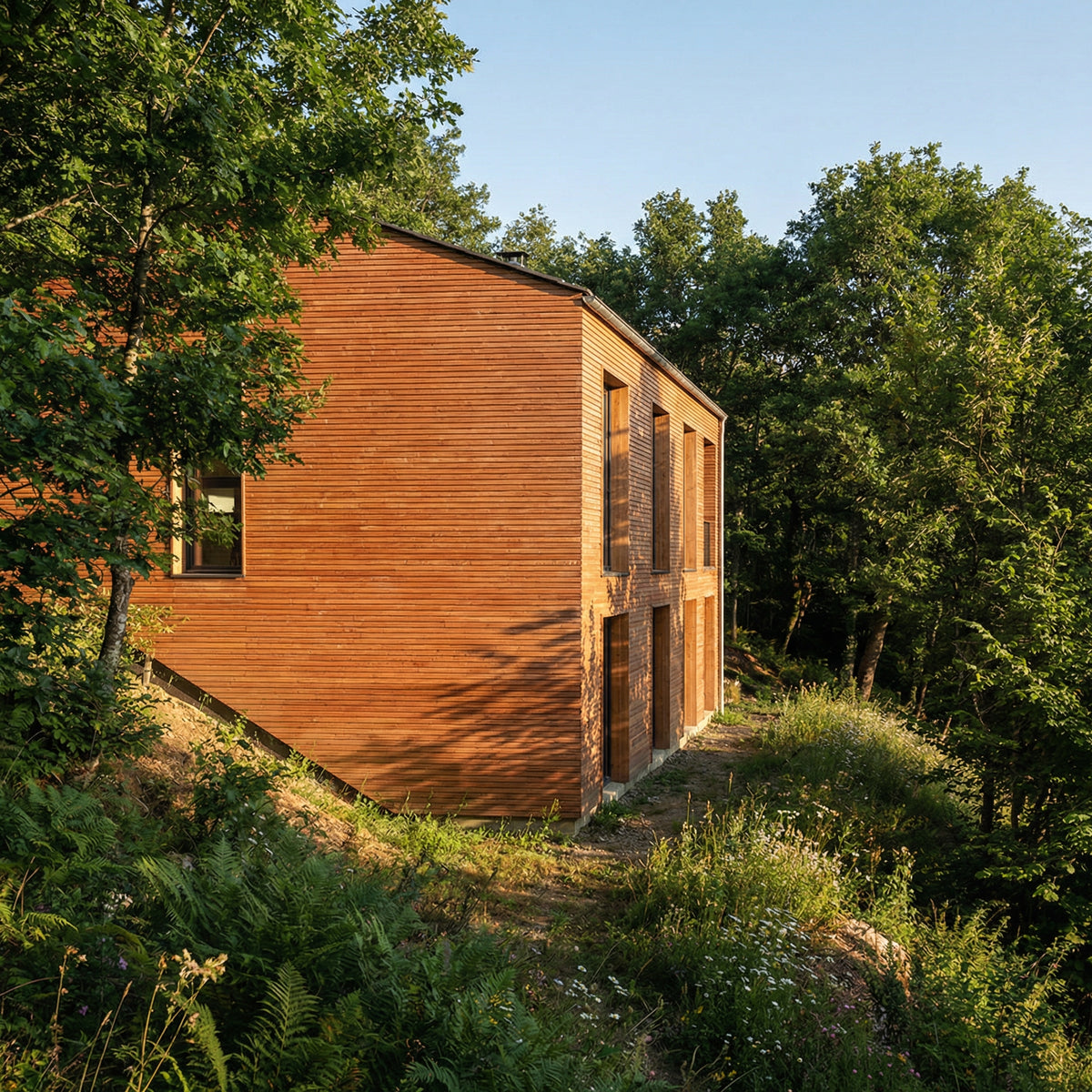  Façade contemporaine en bardage Douglas massif naturel – essence résineuse du Massif Central, patine chaude et durabilité sans traitement chimique